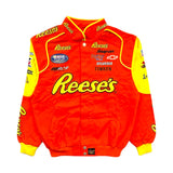 Orange racing jacket with yellow accents and multiple sponsor logos on a white background