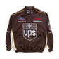 Black racing jacket with various sponsor logos on a white background