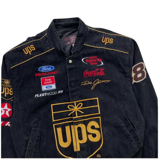 Black jacket with various logos including UPS, Ford Racing, and Coca-Cola on a white background