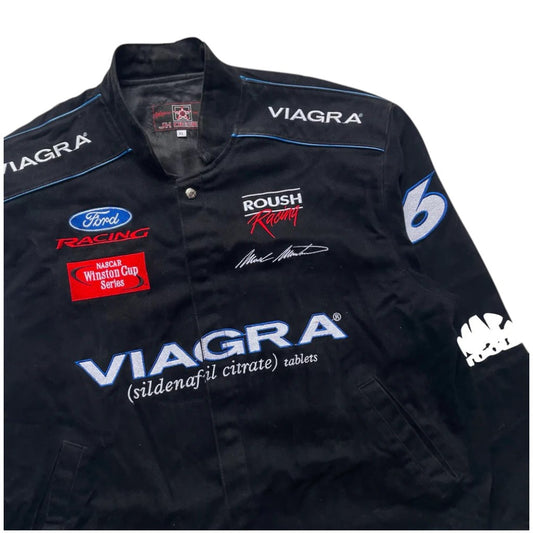 Black racing jacket with various sponsor logos on a white background
