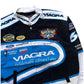 Racing jacket with various sponsor logos, including Viagra, on a white background