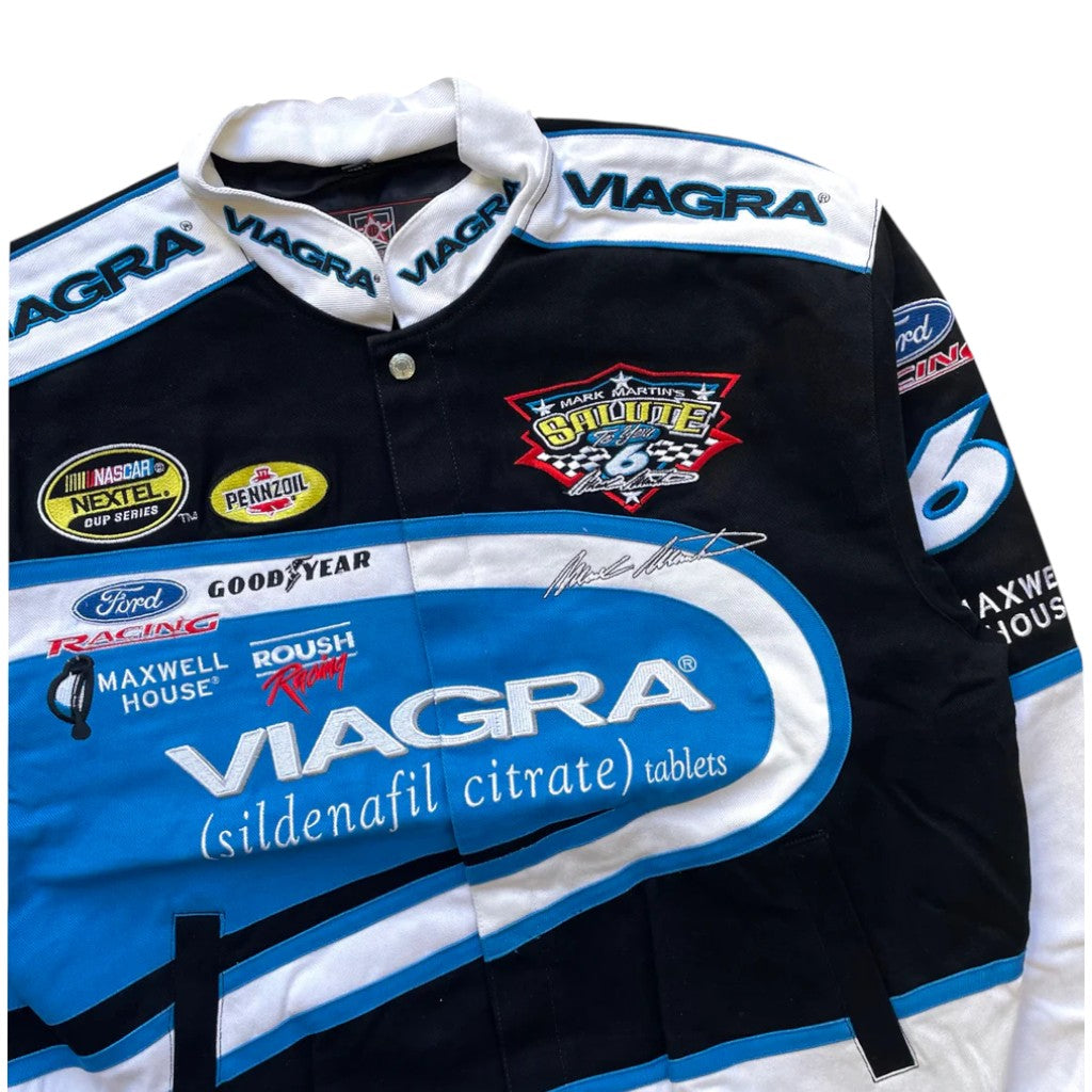 Racing jacket with various sponsor logos, including Viagra, on a white background
