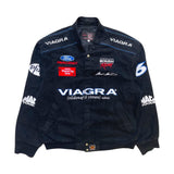 Black jacket with various sponsor logos on a white background