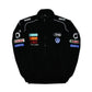 Navy blue jacket with logos on a white background