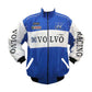 Blue and white racing jacket with Volvo branding on a white background