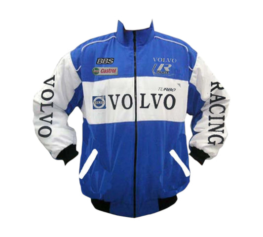 Blue and white racing jacket with Volvo branding on a white background