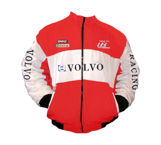 Red and white racing jacket with Volvo and BBS logos on a white background