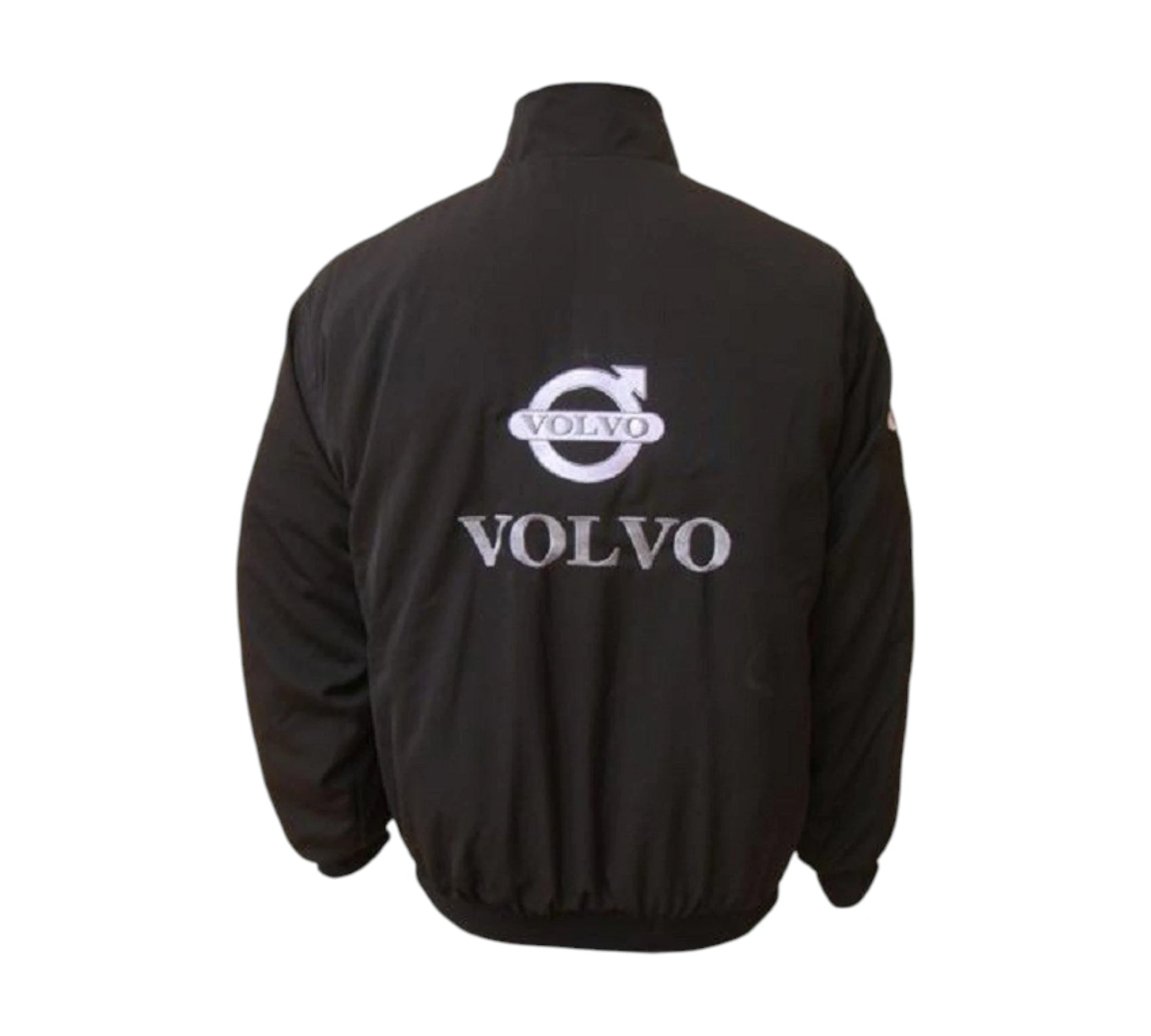 Black jacket with Volvo logo on the back against a white background