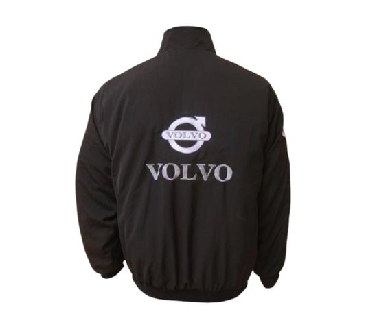 Black jacket with Volvo logo on the back against a white background
