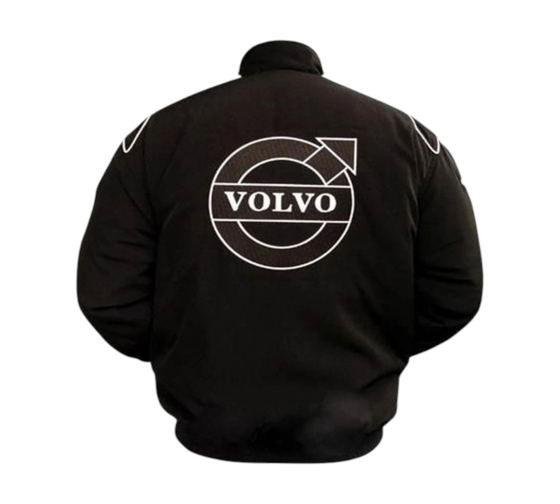 Black jacket with Volvo logo on the back against a white background
