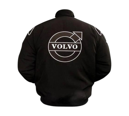 Black jacket with Volvo logo on the back against a white background