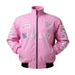 Pink racing jacket with Volvo branding on a white background