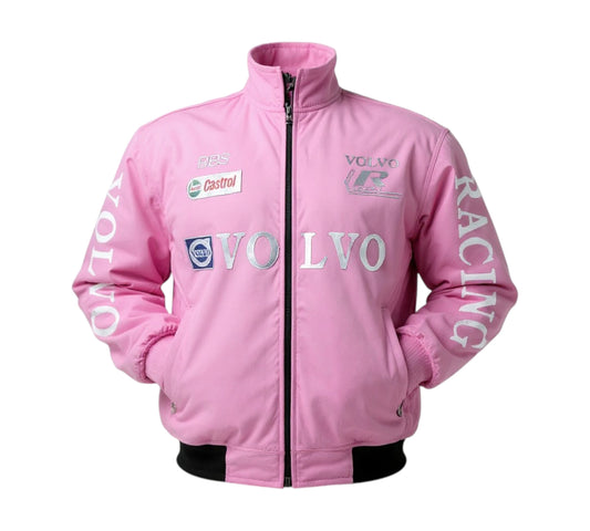 Pink racing jacket with Volvo branding on a white background