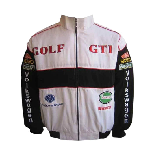 Black jacket with Volkswagen branding on a white background