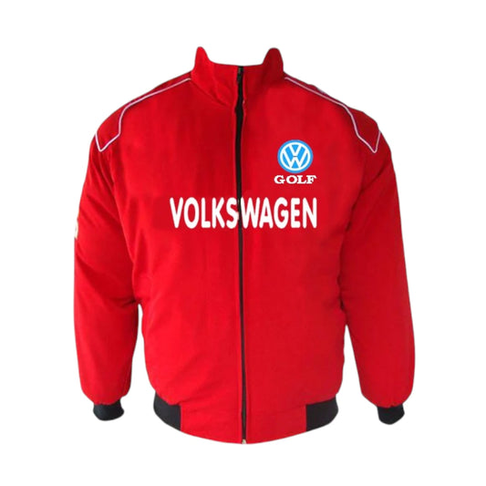 Red Volkswagen jacket with logo and text on a white background