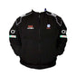 Black racing jacket with various logos on a white background