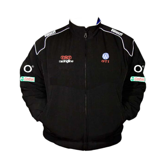 Black racing jacket with various logos on a white background