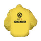 Yellow jacket with Volkswagen logo and text on a white background