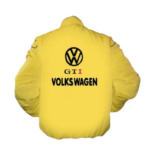 Yellow jacket with Volkswagen logo and text on a white background