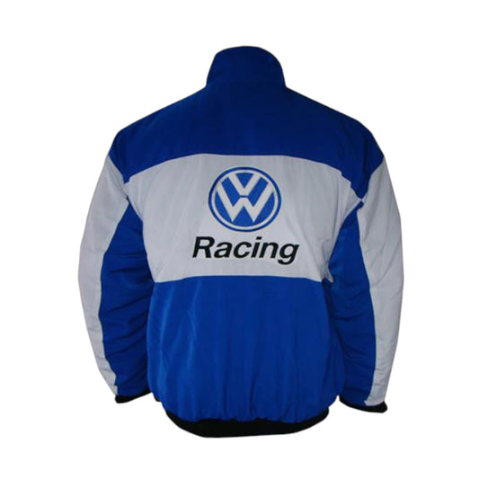 Blue and gray jacket with Volkswagen Racing logo on a white background