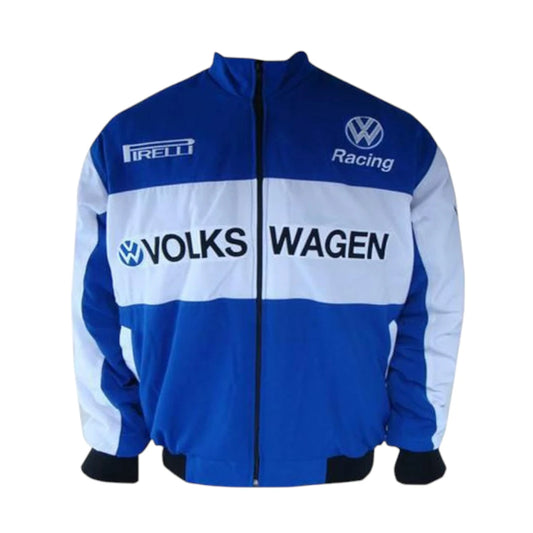 Blue and white jacket with Volkswagen and Pirelli logos on a white background