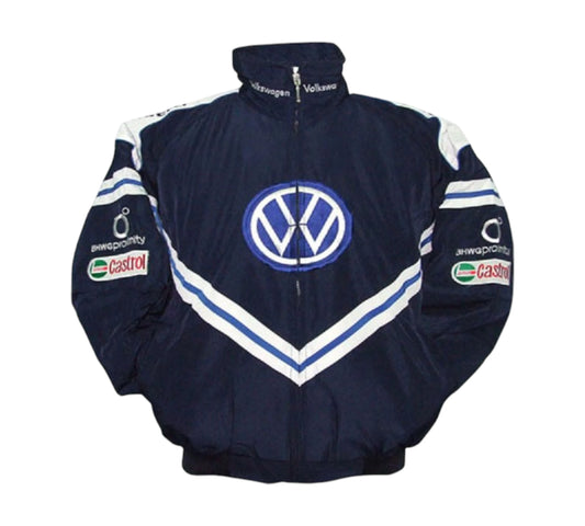 Navy blue racing jacket with Volkswagen logo on a white background
