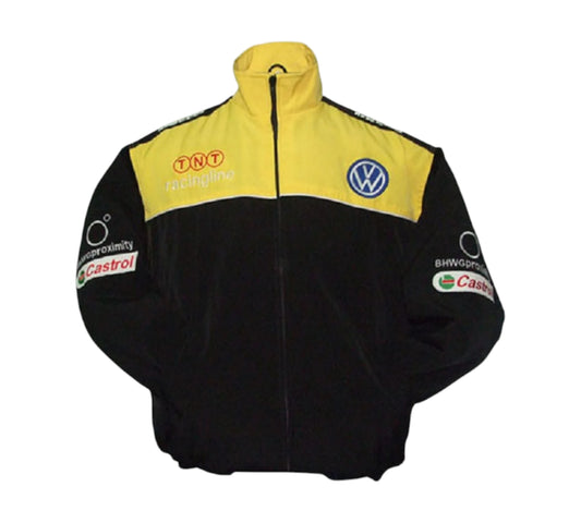 Black and yellow jacket with multiple brand logos on a white background