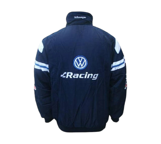 Black jacket with Volkswagen logo on the back against a white background