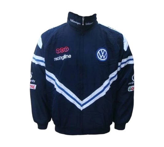 Navy blue racing jacket with Volkswagen logo on a white background