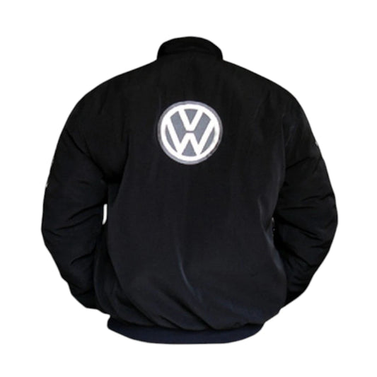 Black jacket with Volkswagen logo on the back against a white background