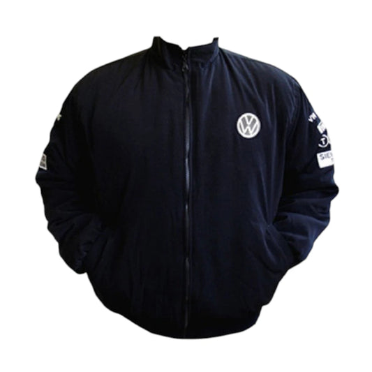 Black and blue racing jacket with various logos on a white background