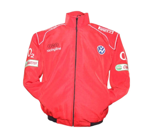 Red racing jacket with various logos on a white background