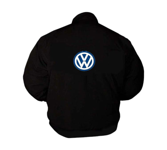 Black jacket with Volkswagen logo on the back against a white background