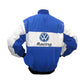 Blue and white racing jacket with Volkswagen logo on a white background