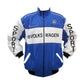 Blue and white jacket with Volkswagen branding on a white background