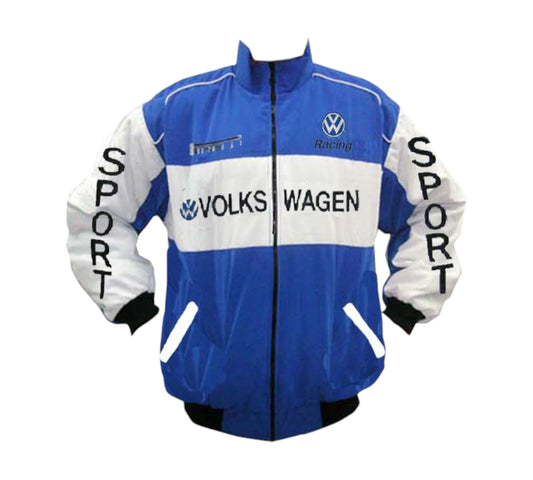Blue and white jacket with Volkswagen branding on a white background