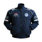 Navy blue racing jacket with various logos on a white background
