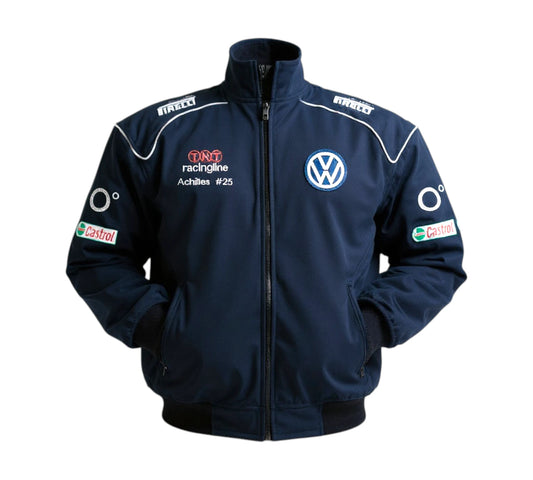 Navy blue racing jacket with various logos on a white background