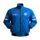 Blue jacket with logos on a white background