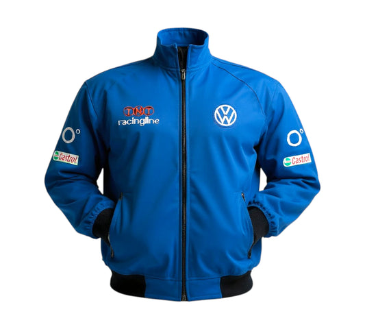 Blue jacket with logos on a white background