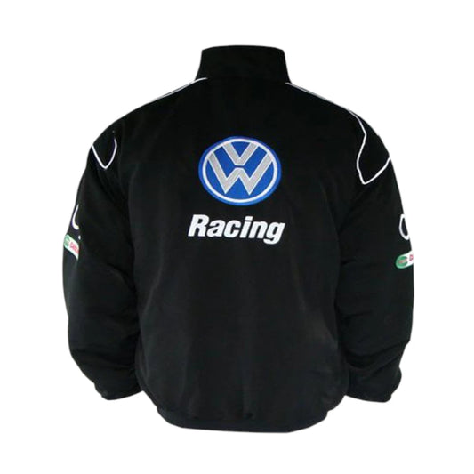 Black racing jacket with Volkswagen logo on a white background