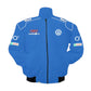 Blue racing jacket with various logos on a white background