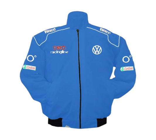 Blue racing jacket with various logos on a white background