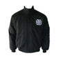Black and red jacket with various logos on a white background