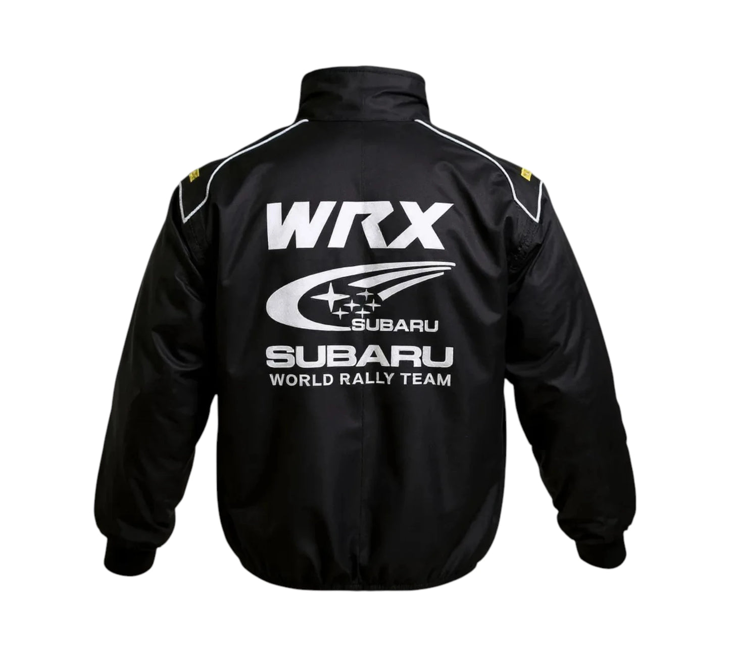 Black jacket with Subaru WRX branding on a white background