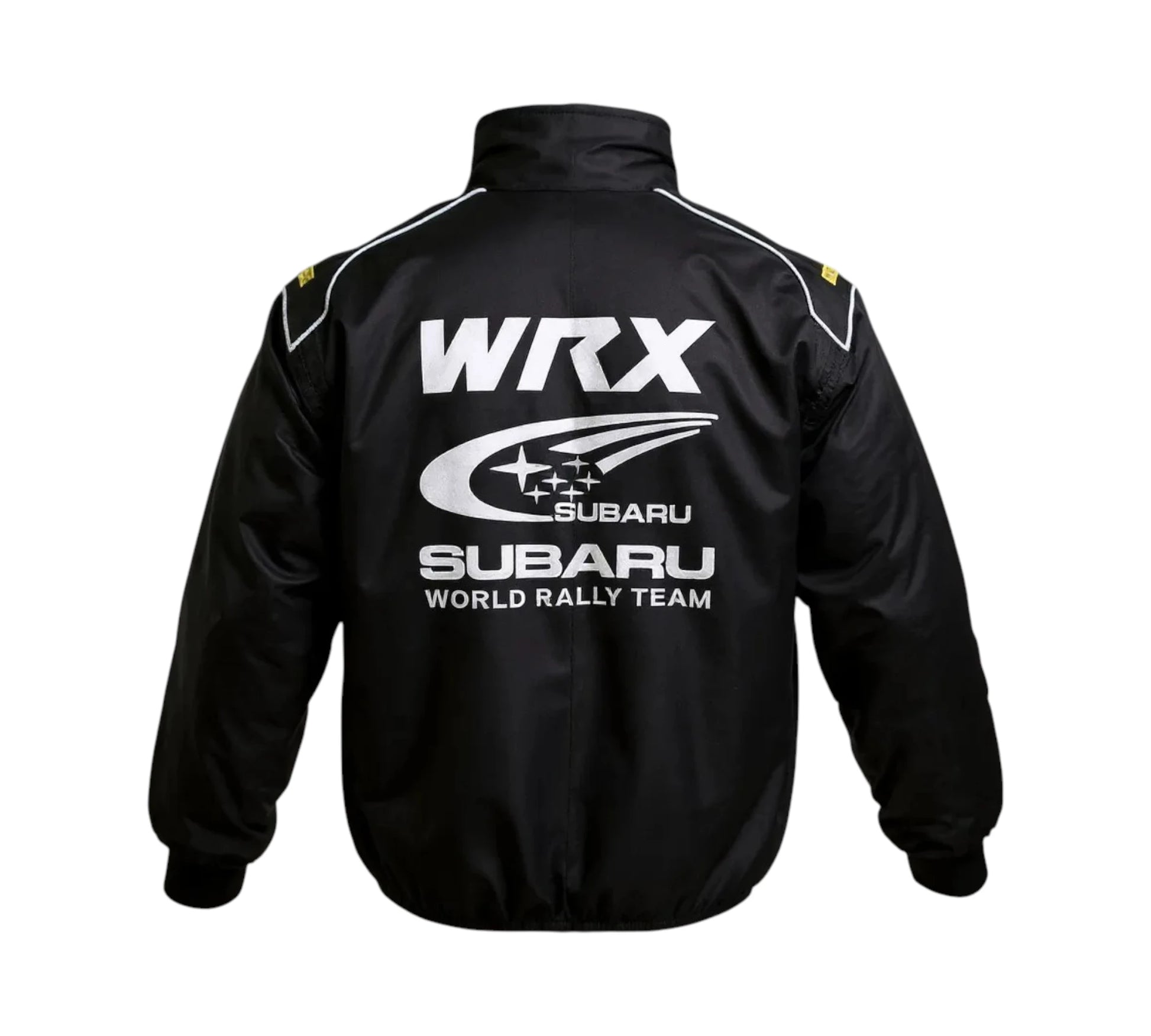 Black jacket with Subaru WRX branding on a white background