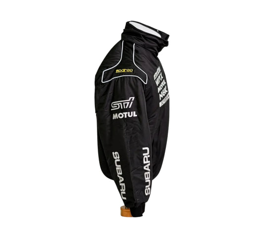 Black jacket with Subaru and Motul branding on a white background
