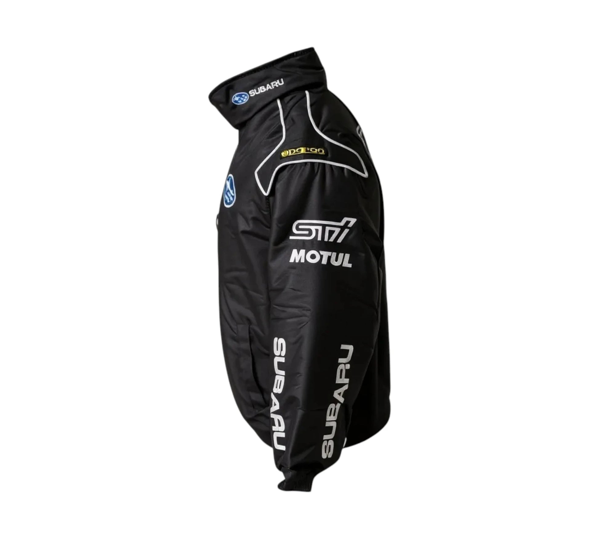 Black racing suit with Subaru and STI branding on a white background
