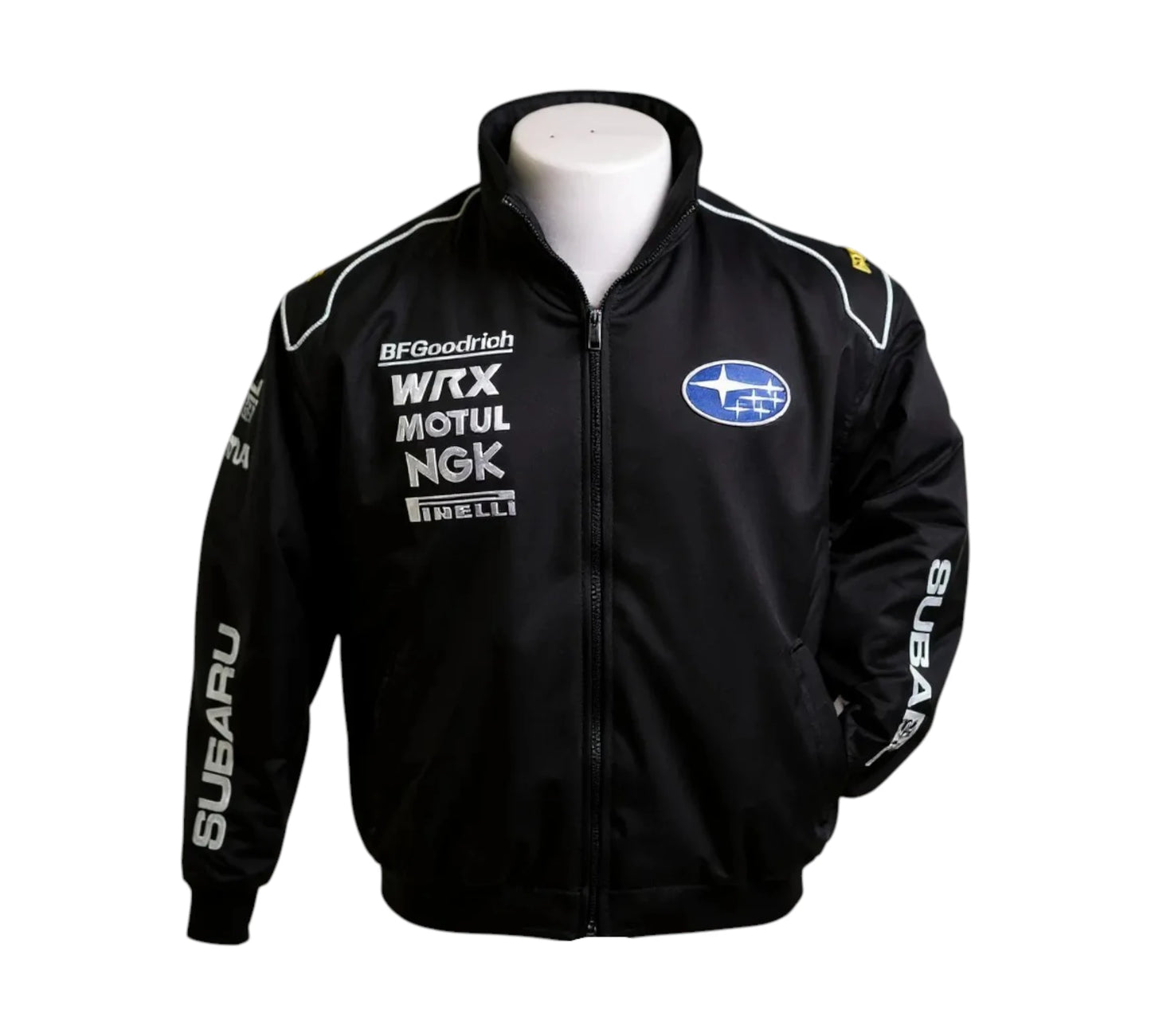 Gray quilted jacket with black accents and Subaru logo on a white background